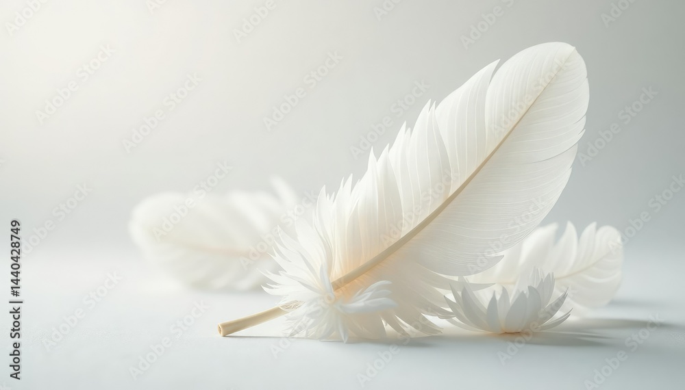 Naklejka premium Crisp white feathers, softly lit, on bright white, light, stock photo