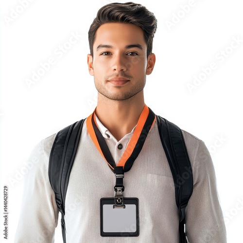 Confident young man with ID badge and backpack wearing white shirt on white background