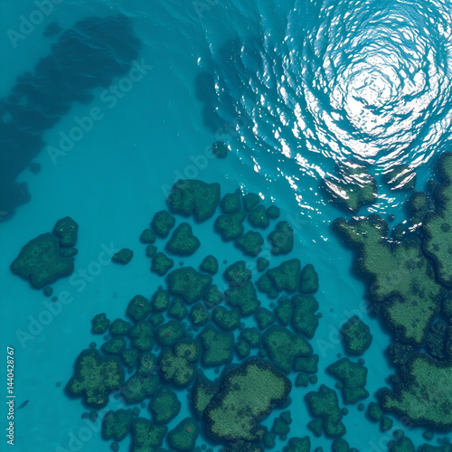 An aerial view of sunlight reflecting off the clear sea