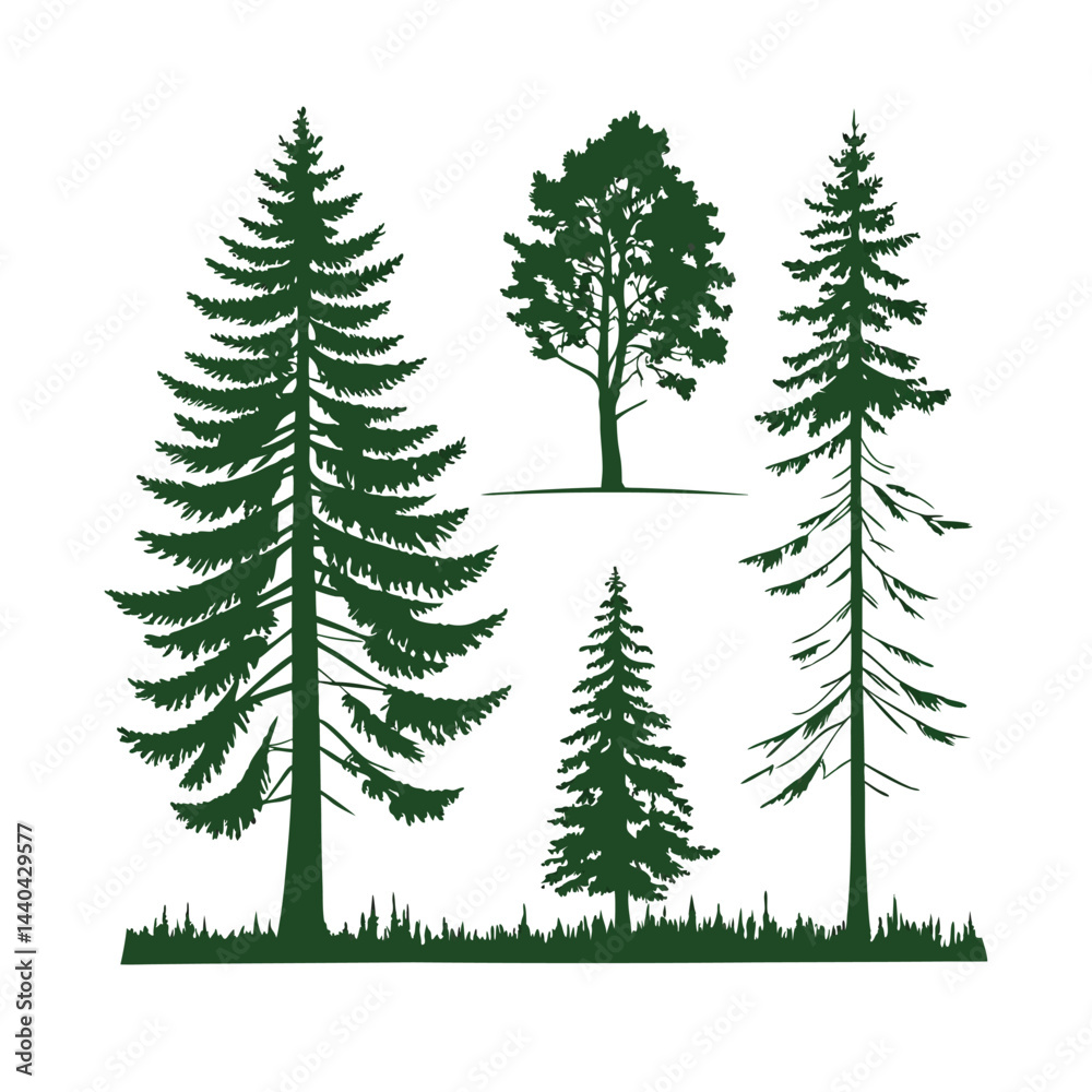 Obraz premium A set of stylized evergreen tree silhouettes, each with a unique shape and outline, arranged in two rows of five trees. The trees are solid green with no outlines or details, on a white background.
