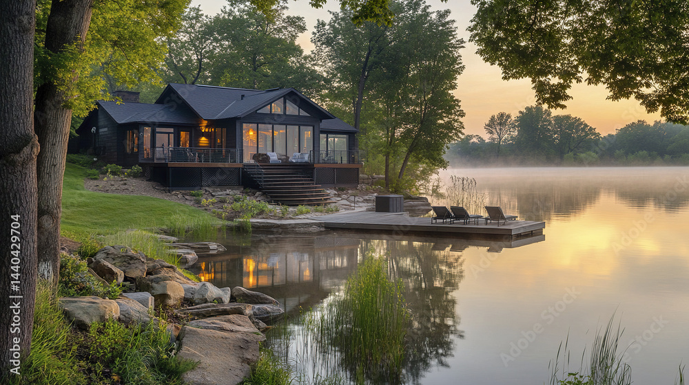 Obraz premium Lakefront rental with small dock at sunrise, surrounded by mist and nature beauty
