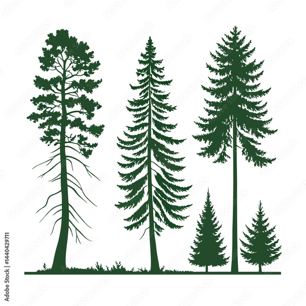 Obraz premium A set of stylized evergreen tree silhouettes, each with a unique shape and outline, arranged in two rows of five trees. The trees are solid green with no outlines or details, on a white background.