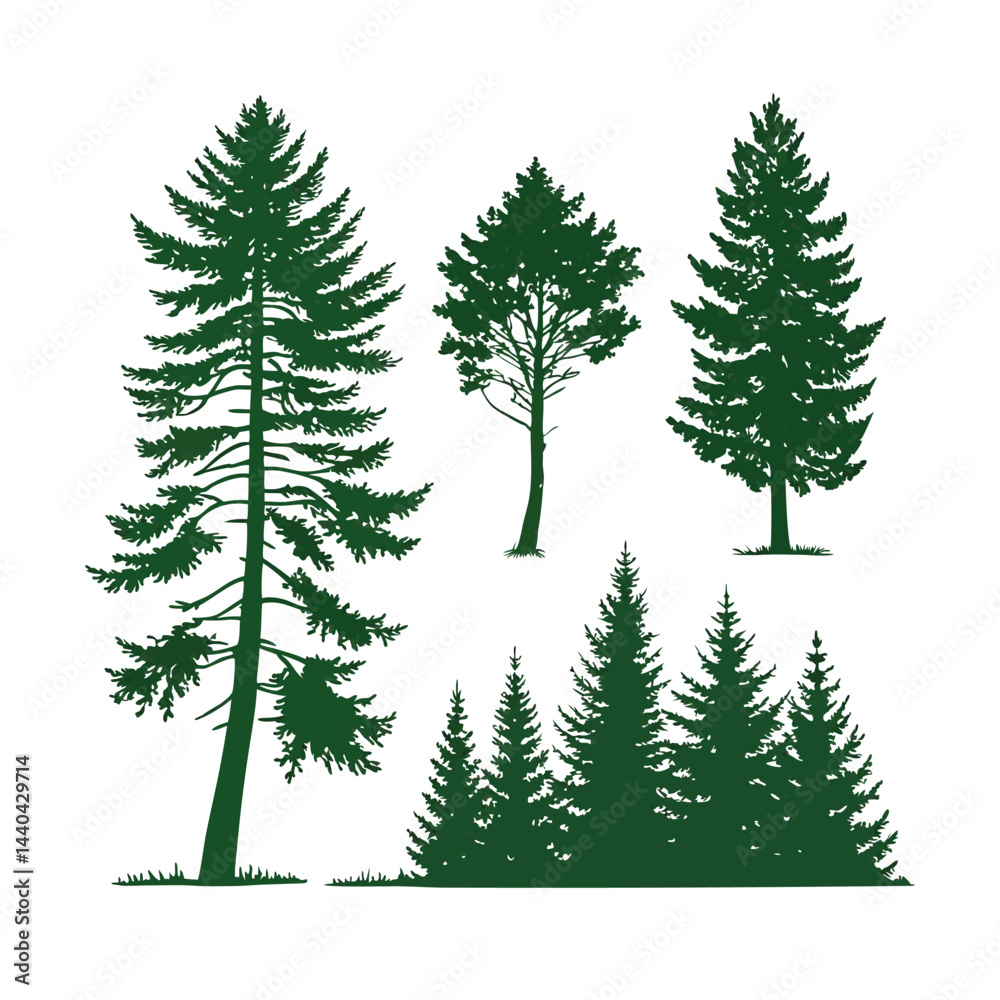 Obraz premium A set of stylized evergreen tree silhouettes, each with a unique shape and outline, arranged in two rows of five trees. The trees are solid green with no outlines or details, on a white background.