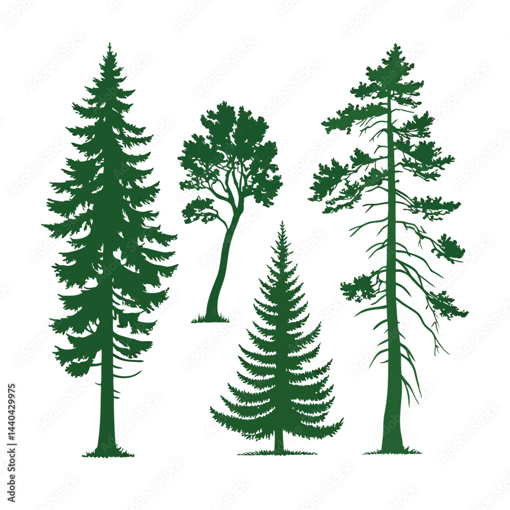 Obraz premium A set of stylized evergreen tree silhouettes, each with a unique shape and outline, arranged in two rows of five trees. The trees are solid green with no outlines or details, on a white background.