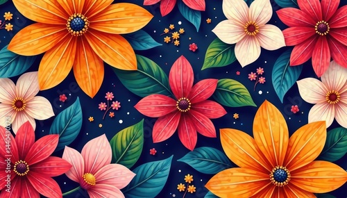 Bold, overlapping floral motif Continuous, vibrant petal design , summer, bright, leaves