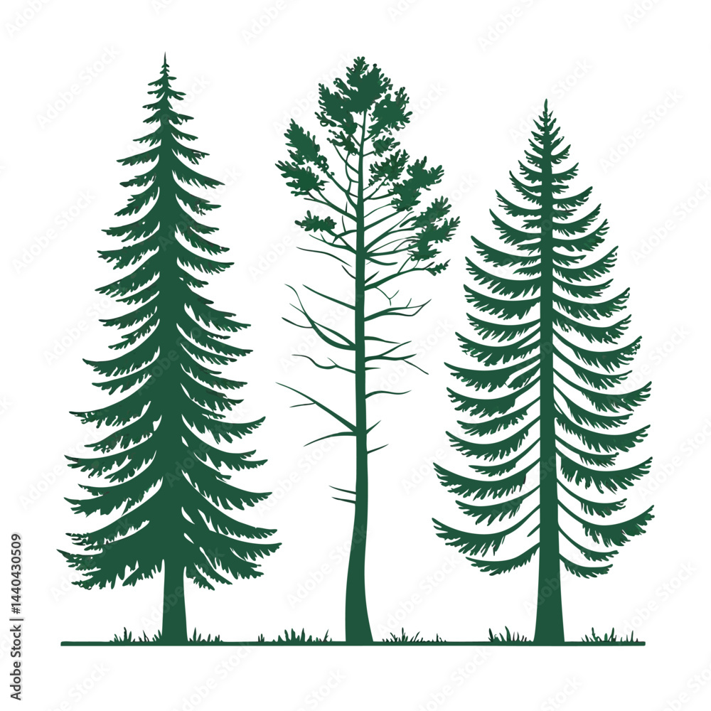 Obraz premium A set of stylized evergreen tree silhouettes, each with a unique shape and outline, arranged in two rows of five trees. The trees are solid green with no outlines or details, on a white background.