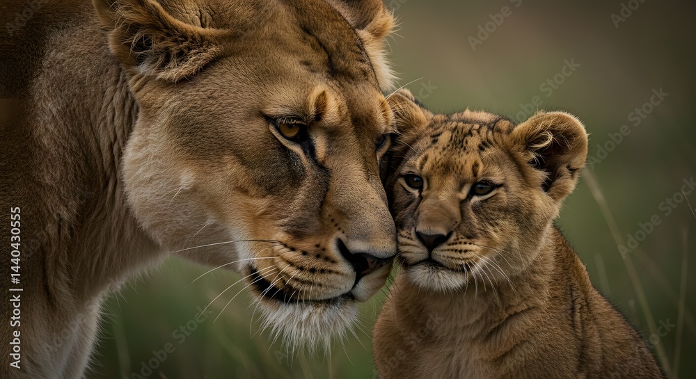 Lioness and her cub share a tender moment, showcasing the strong bond between mother and child in the wild plains.