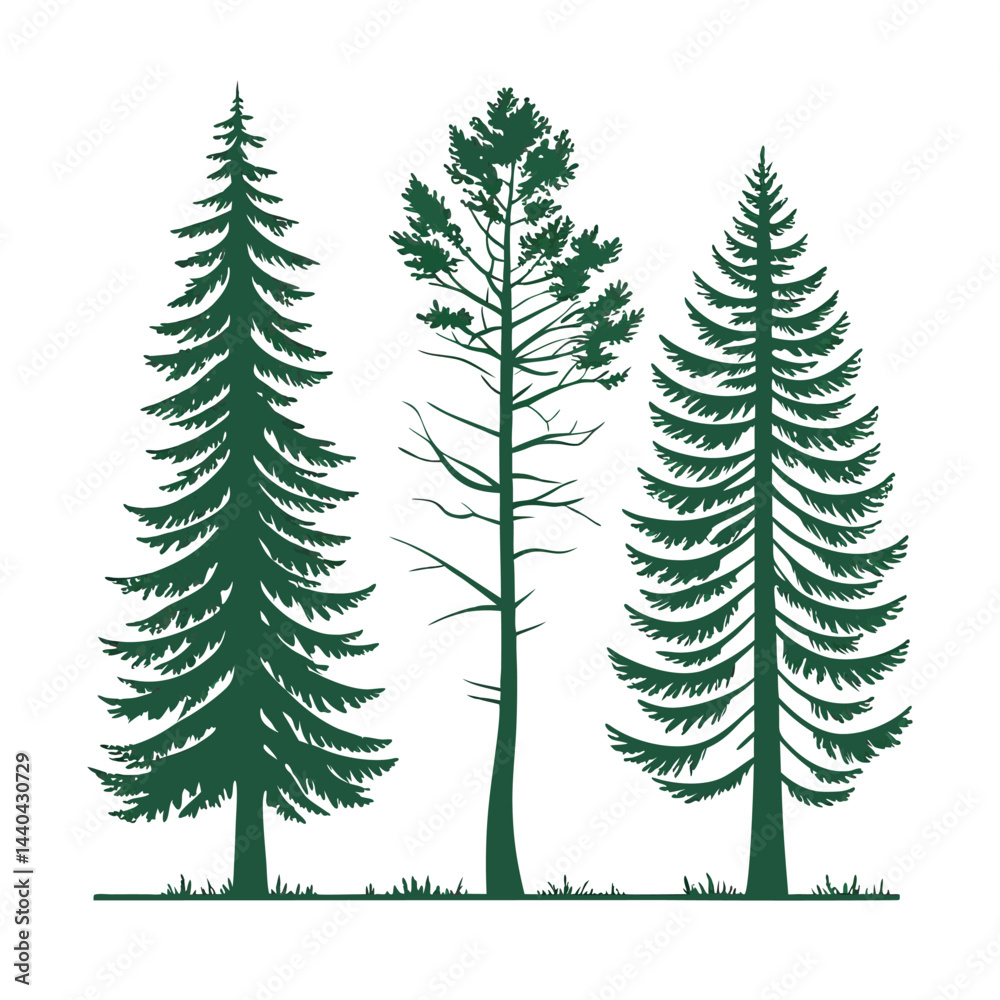 Obraz premium A set of stylized evergreen tree silhouettes, each with a unique shape and outline, arranged in two rows of five trees. The trees are solid green with no outlines or details, on a white background.