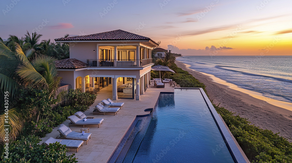 Fototapeta premium Luxurious beachfront villa with infinity pool at sunset, offering serene coastal views