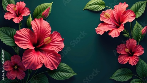 Bold hibiscus blooms, lush foliage, vibrant tropical motif, hawaiian, bold