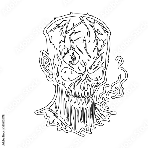 Monochrome depiction of a stylized skull with abstract line work and smoke effect