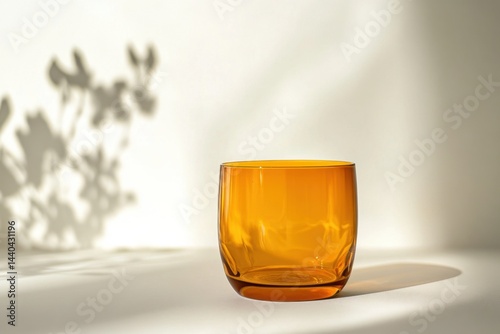 Minimalist amber drinking glass on white surface with soft natural shadows and bright light