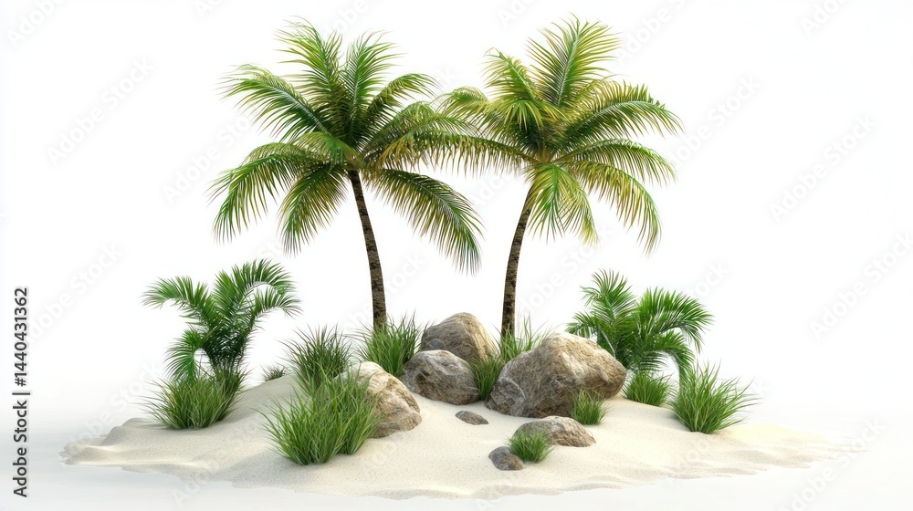 Palm tree islands with a mix of sand, rocks, and grass on white background. Palm tree islands with a mix of sand, rocks, and grass on white background.