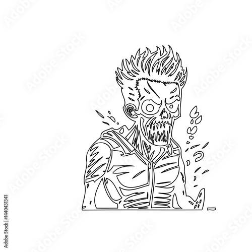Outlined grotesque figure with exposed skull and detailed grimace expression