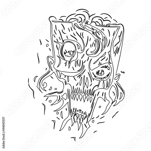Abstract Line Art Depiction of a Skull with Brains Visible within the Cranium