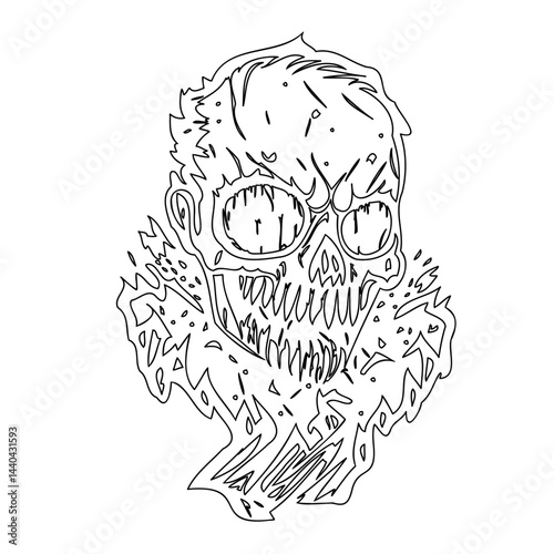 Distorted skull illustration with jagged lines depicting a macabre portrait