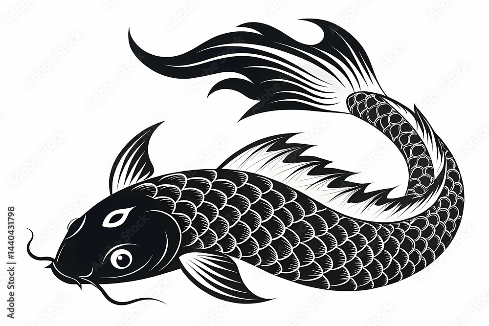 Fototapeta premium Elegant Black and White Koi Fish Illustration A Stunning Artistic Rendering of a Traditional Japanese Symbol of Perseverance and Good Fortune