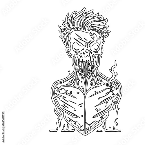 Stylized undead figure line art illustration with detailed muscle structure