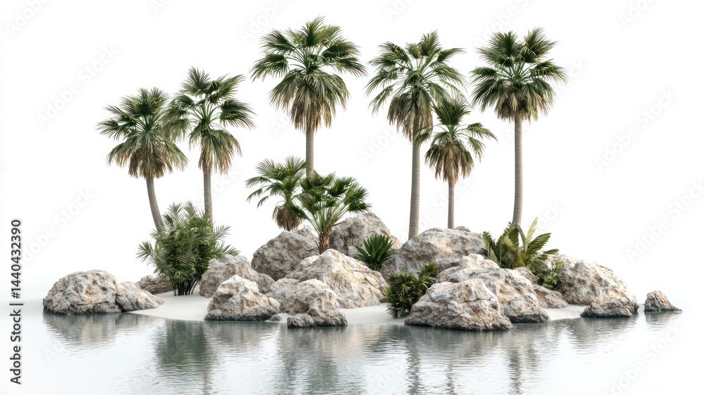 Fototapeta premium Palm-covered islands with rocky foundations surrounded by shallow water on white background.