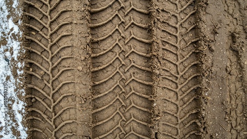 Tire tracks in mud with some snow, outdoors