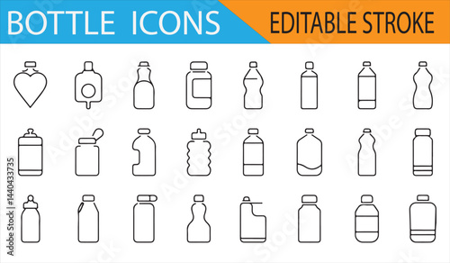 Collection of icons showing different types of bottles like water bottles, milk bottles, and jars in editable stroke format.