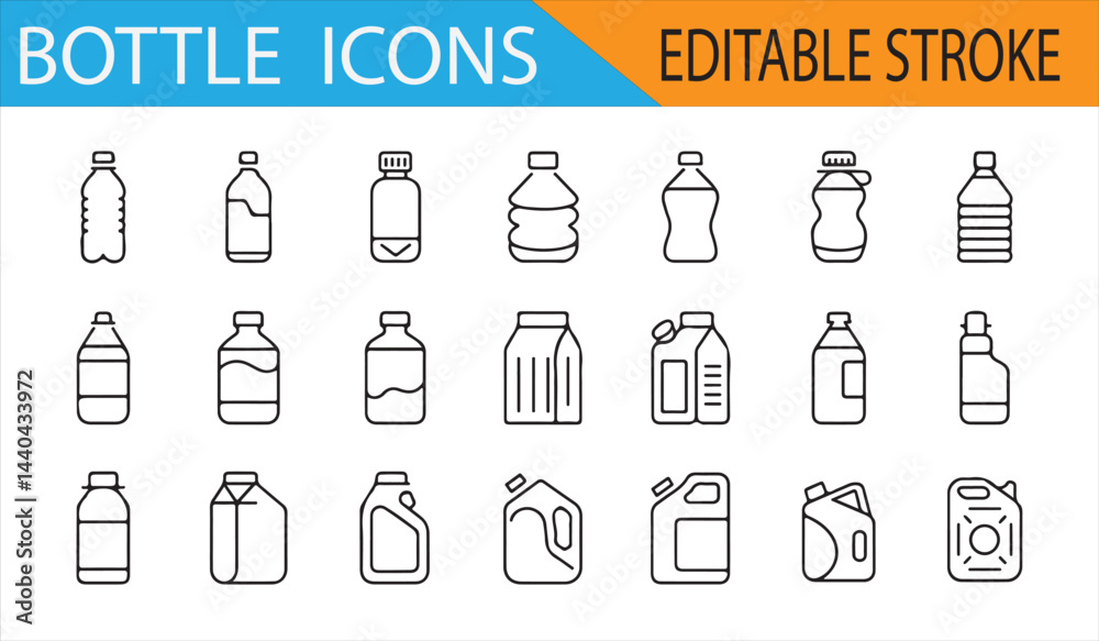 Collection of beverage bottle icons in editable stroke style, ideal for product and packaging designs.