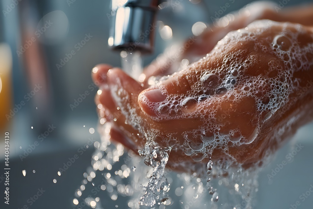 Fototapeta premium Close-up of clean hands being washed under running water in a modern sink