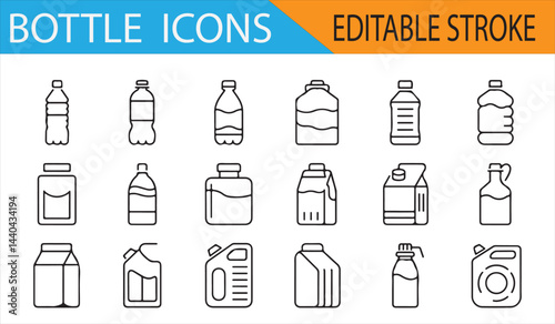Simple line art icons of different bottles, including water and milk bottles, for packaging design.
