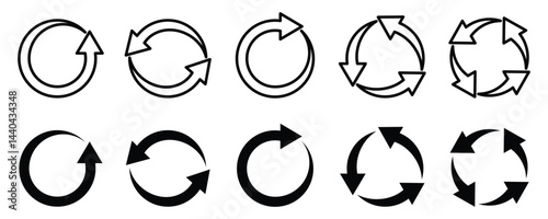 circle arrow icon set, containing refresh, rotation, reload, Repeat and more,  recycle symbol Vector illustration.