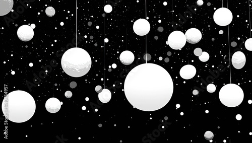 White spheres hang against a black background, creating a celestial effect