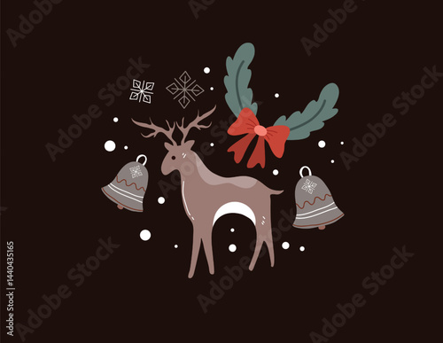 Majestic Christmas Reindeer amidst Festive Foliage on a Deep Black Background, Adorned with Mistletoe and Winter Berries