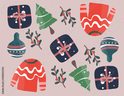Bright Christmas seamless pattern with ornaments, tree and mittens in cheerful layout