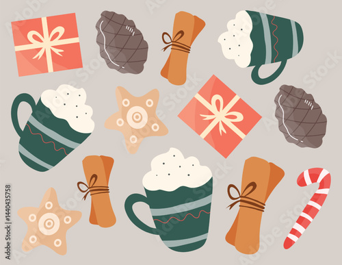 cocoa mugs with cinnamon rolls, gifts and gingerbread in cozy holiday layout