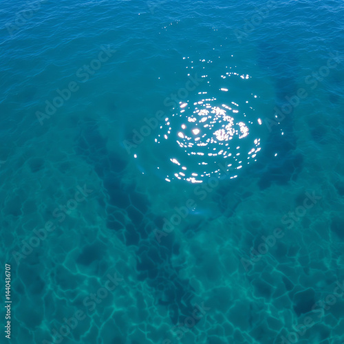 An aerial view of sunlight reflecting off the clear sea