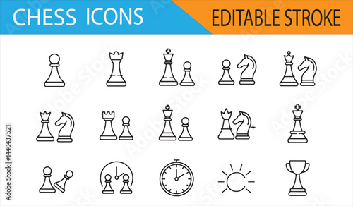 Vector icons of chess pieces including king, queen, knight, and pawns, in editable stroke format.