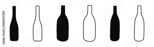 Set of Black outlines and silhouettes of glass Wine Bottles Isolated on White Background. Concept of Alcohol Beverage Icon, Beer Bottles, Minimalist Design, Elegant Drink, Graphic Element for Print