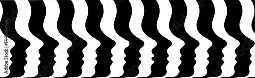 Abstract black and white human side profiles in wavy stripes pattern. Background. Banner. Optical illusion, minimalist, uniformity, sameness, crowd, people, unity, psychedelic design, surreal faces