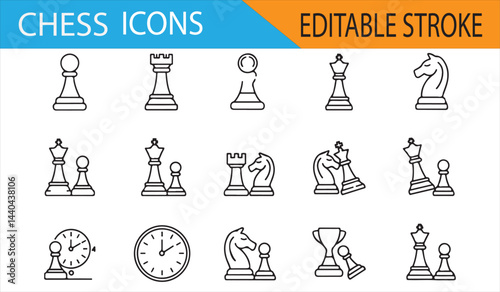 Set of 9 chess piece icons in simple line art, including all key chess figures for use in design projects.