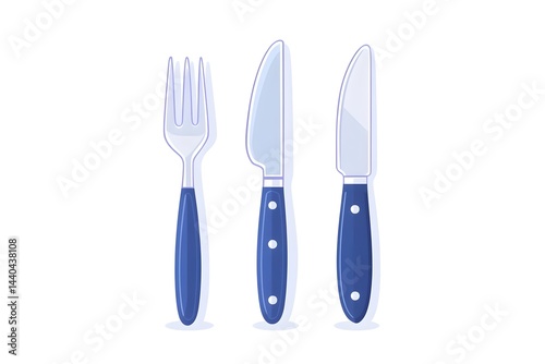 A fork and two knives with dark blue handles, shown against a white background
