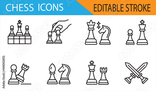 Editable stroke icons of chess pieces, including a king, queen, knight, and pawns, perfect for game design.