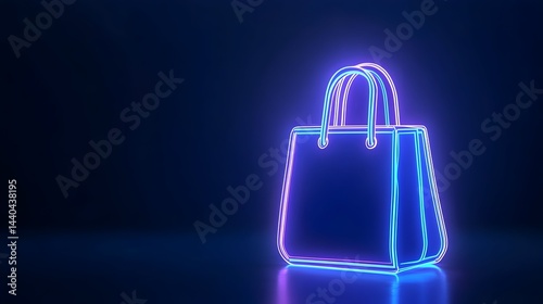 A glowing neon shopping bag icon, vibrant purple and blue, sits on a dark reflective surface