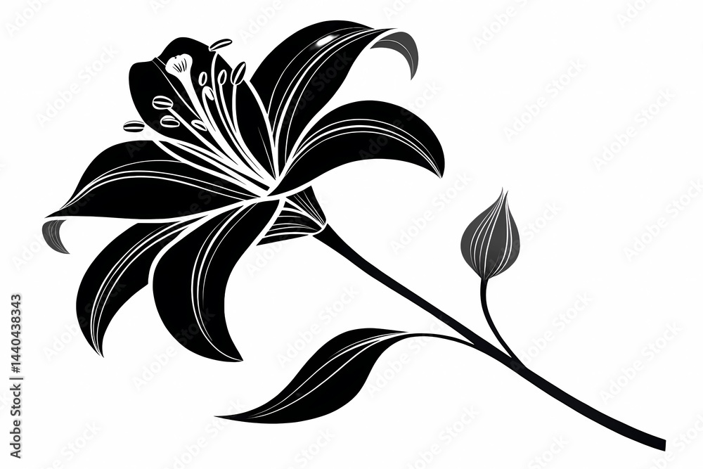 Naklejka premium Elegant Black and White Lily Flower Illustration Botanical Art Print, Floral Design, Monochrome Lily, Silhouette Lily, Nature Art