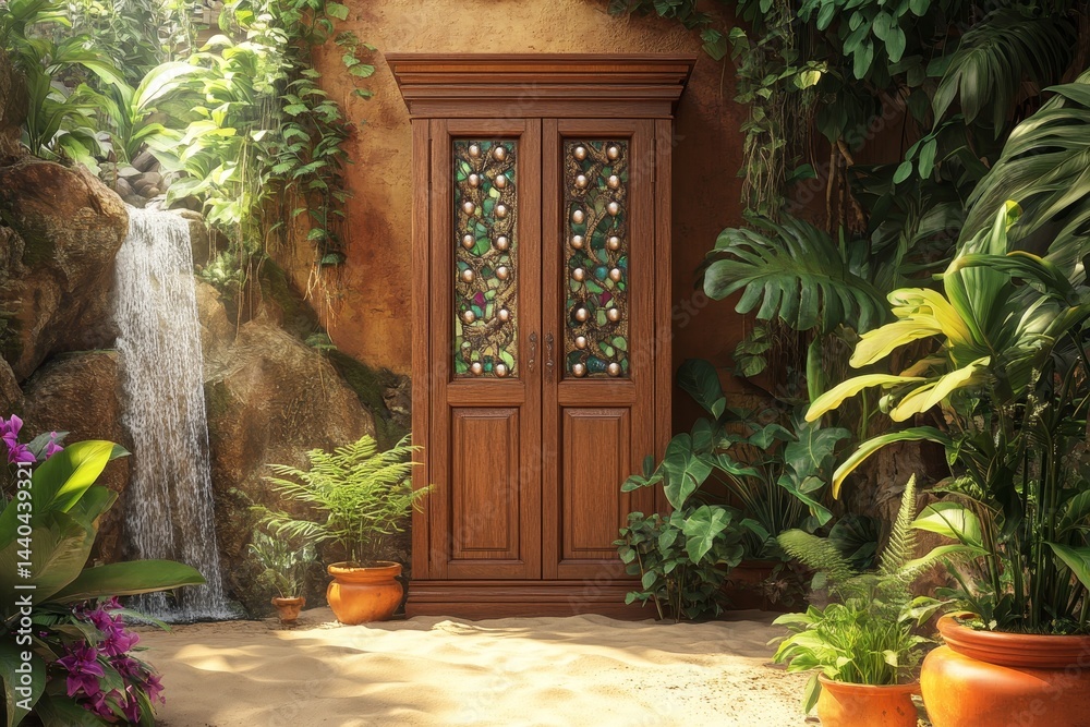 Fototapeta premium Tranquil, wooden door in a lush garden setting.