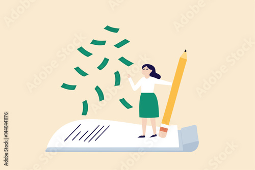 Make money from writing blog online, monetize content, get income or earning from affiliate links concept, success freelance woman blogger or writer catching money banknotes fall from the sky.