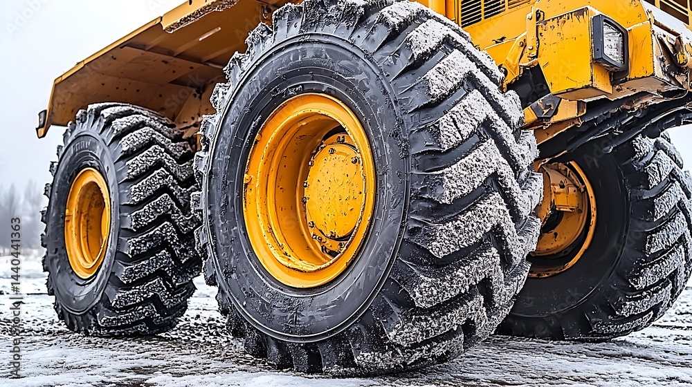 Massive Yellow Construction Vehicle Tires in Snowy Terrain Massive Yellow Construction Vehicle Tires in Snowy Terrain