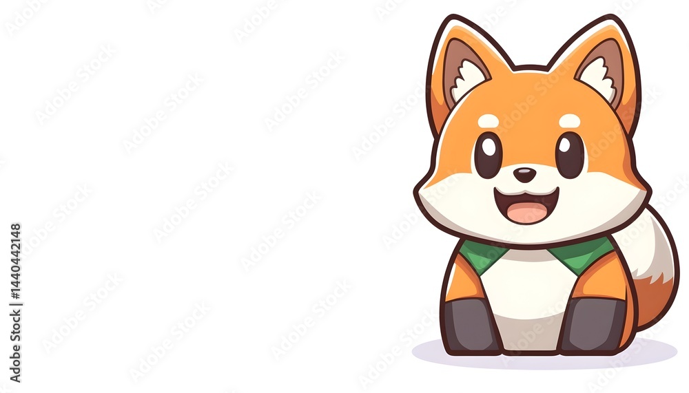 Adorable cartoon fox with big eyes and a happy expression, wearing a green collar, sitting against a white background Adorable cartoon fox with big eyes and a happy expression, wearing a green collar, sitting against a white background