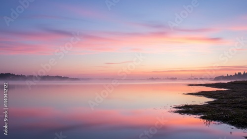 Pink sky reflects on a serene lake at dusk