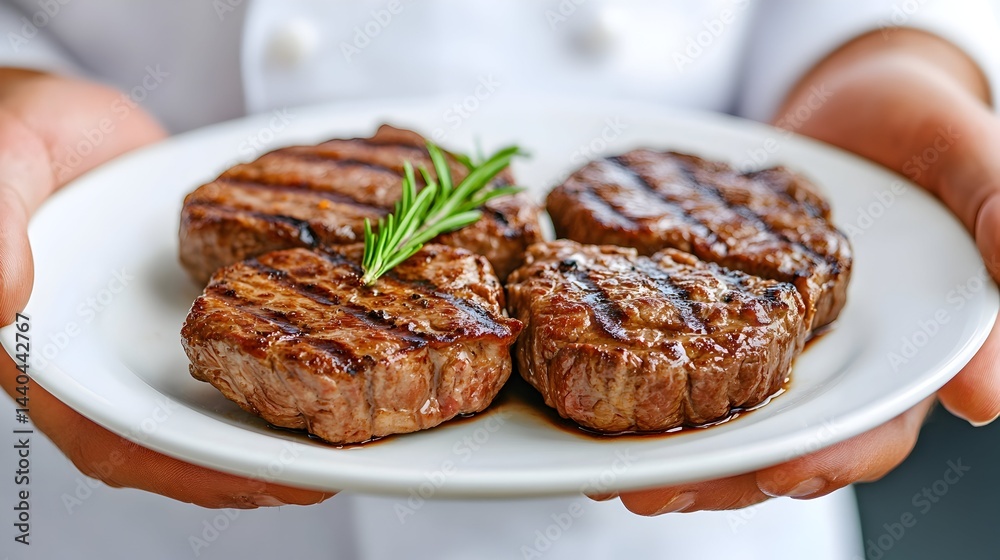 Chef presents three grilled, flavorful beef medallions on a white plate, garnished with rosemary Chef presents three grilled, flavorful beef medallions on a white plate, garnished with rosemary