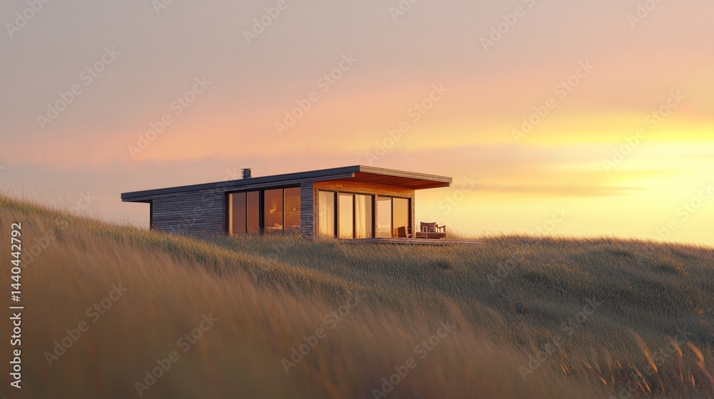 modern house on hill with long grass, illuminated by beautiful sunset modern house on hill with long grass, illuminated by beautiful sunset