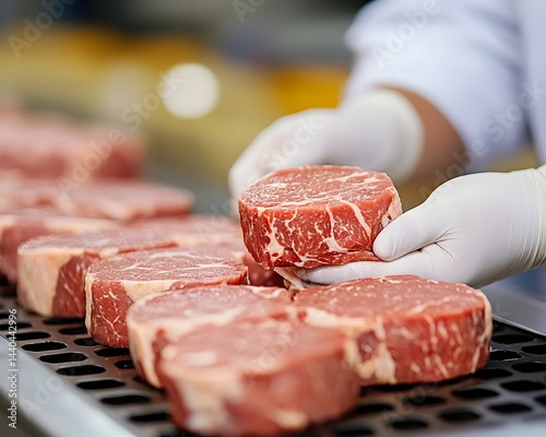 Gloved hands inspect raw beef steaks on a conveyor belt in a processing plant
